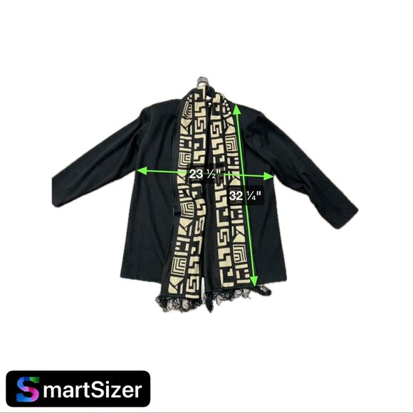 Mattie Black Beige Geometric Pattern Long Cardigan Jacket Fringe Scarf Sz Large - Picture 6 of 9